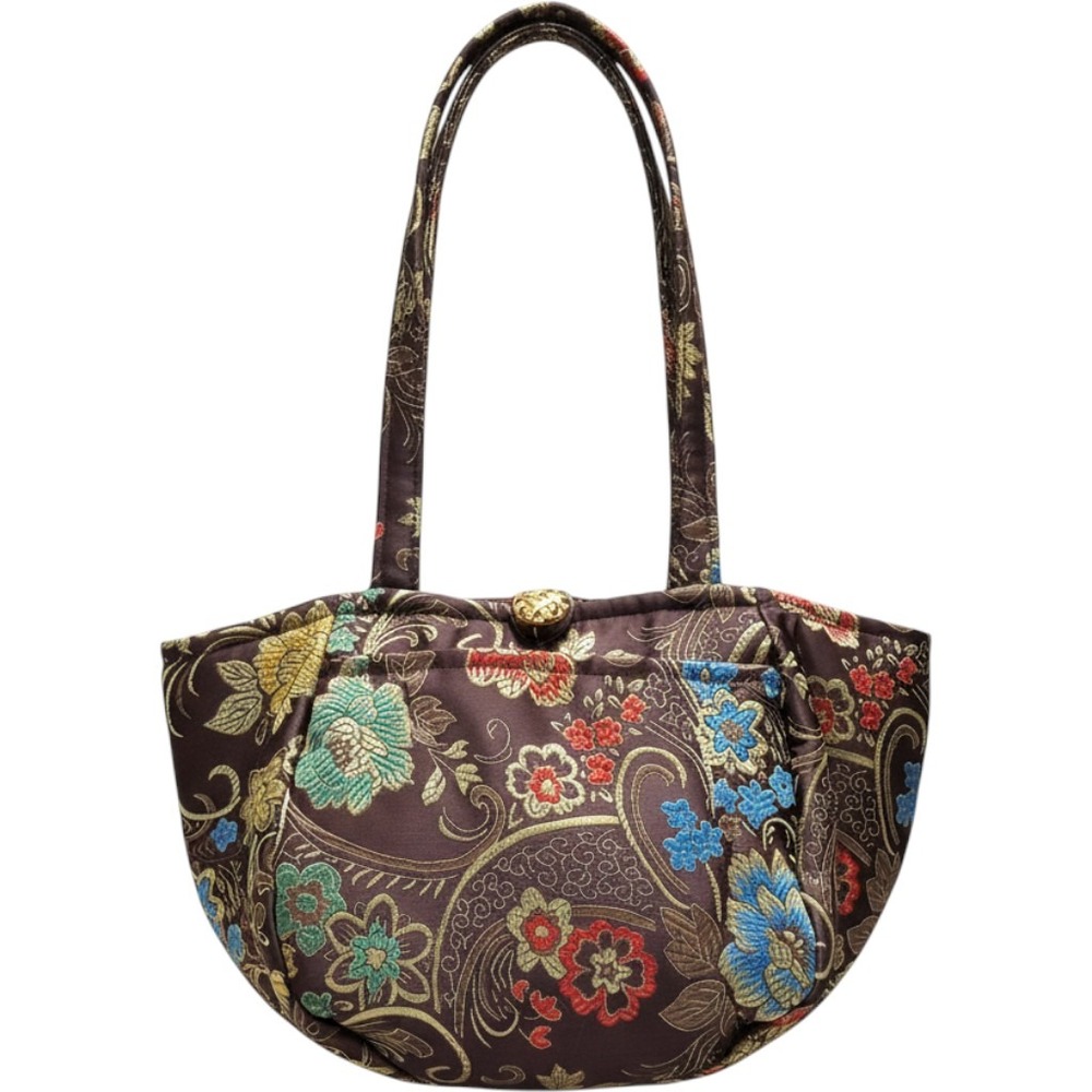 Vintage Floral Brocade Handbag Women Medium Brown Gold Satin Shoulder Bag